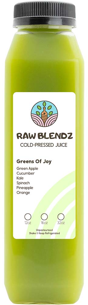 Greens of Joy cold-pressed juice in a clear bottle, showcasing a vibrant green color. A fresh and nutrient-rich beverage for a healthy boost.
