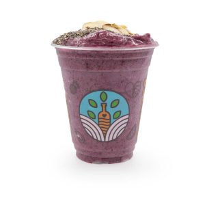 A bold purple Berry Power smoothie in a clear cup, made with blueberry, banana, peanut butter, vanilla protein, almond milk, and dates. This smoothie delivers a creamy, protein-rich blend with natural sweetness and fruity flavor.