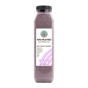 Berry Power Smoothie with plant-based protein, blueberries, strawberries, banana, chia, almond milk, apple, and acai.