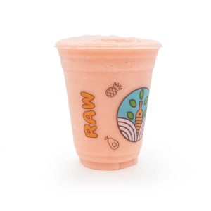 A soft pink Strawberry Banana kids smoothie in a clear cup, made with strawberries, banana, strawberry fruit purée, and milk. Smooth, fruity, and kid-friendly with a naturally sweet flavor.