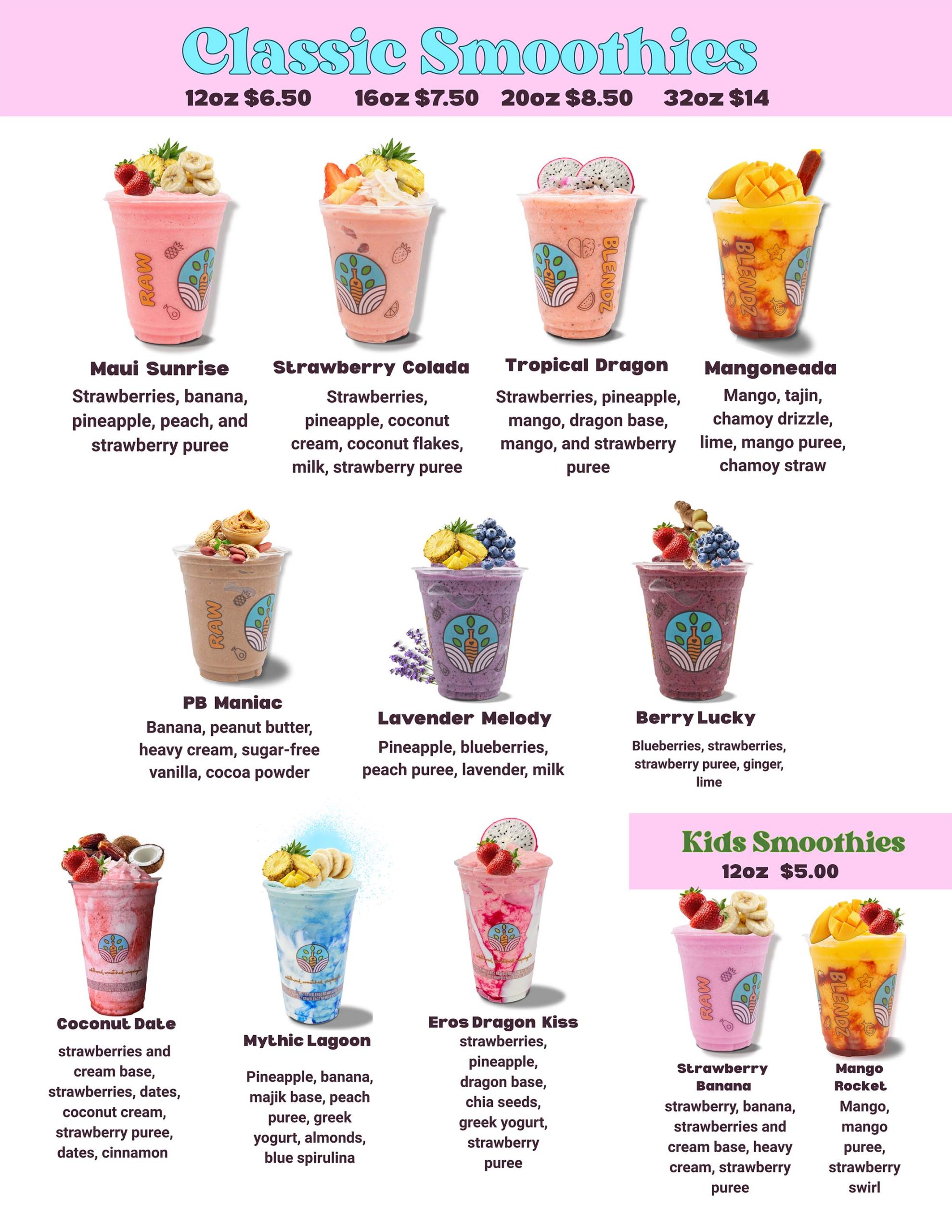 Food menu at Silverton Raw Blendz