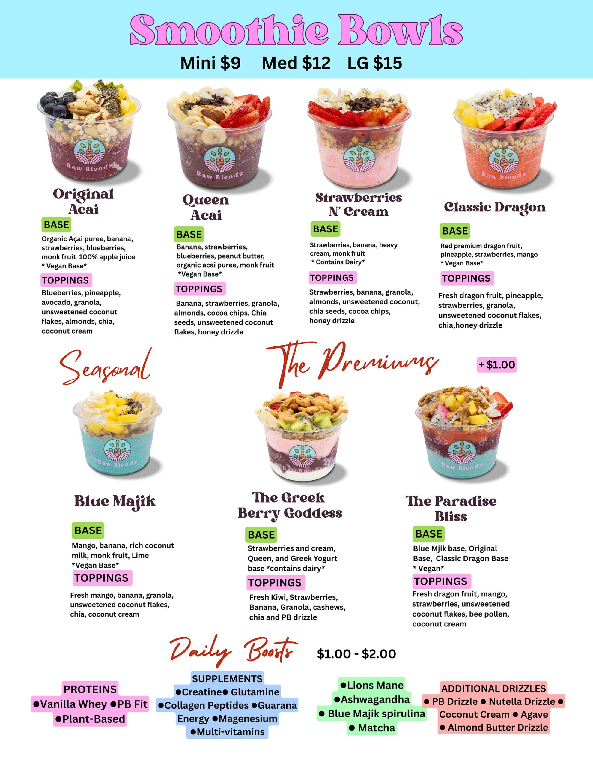 Food menu at Silverton Raw Blendz