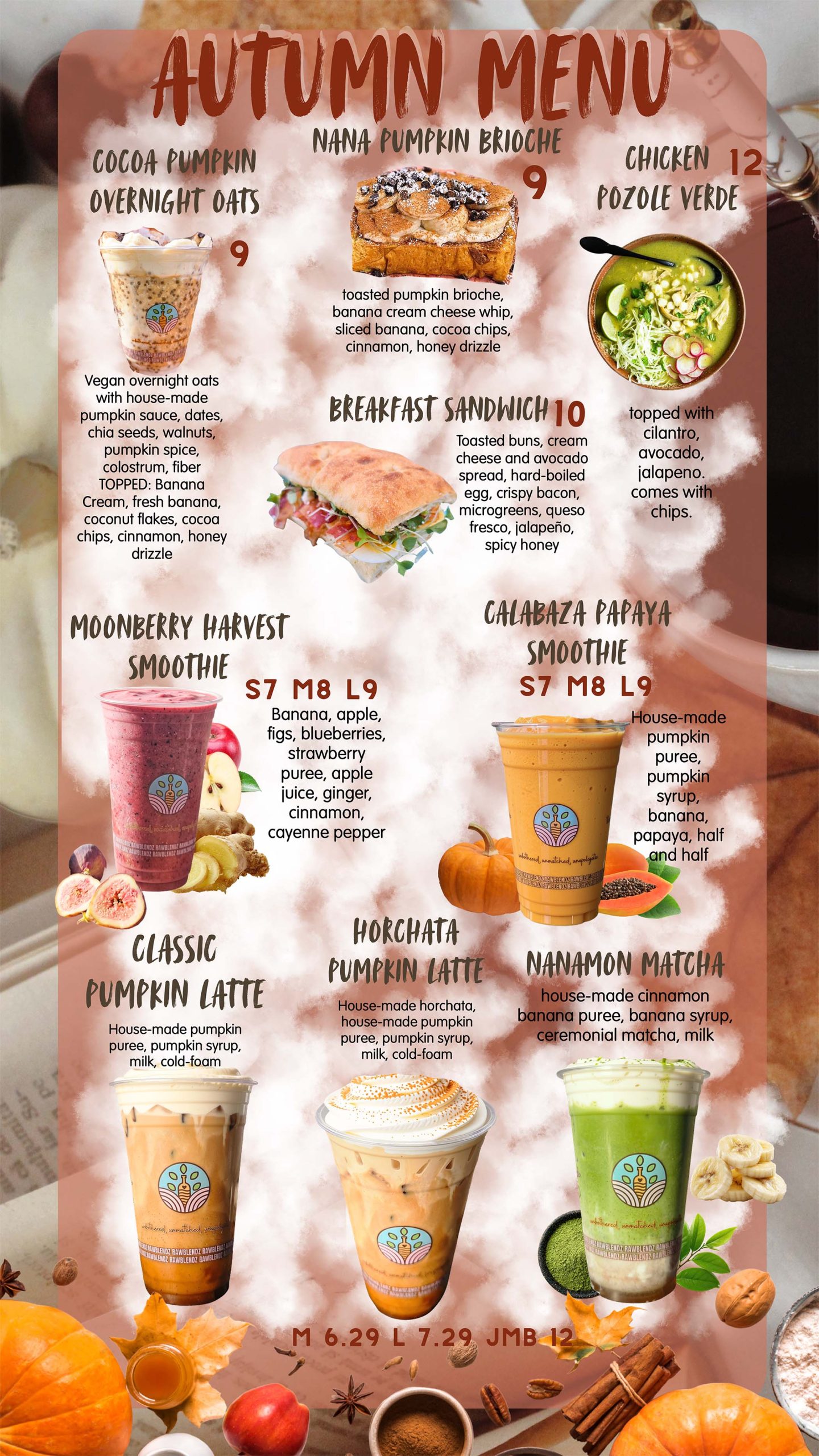 Food menu at Silverton Raw Blendz
